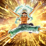 Luffy in Gear 5 form with white hair and cartoon style powers in One Piece anime