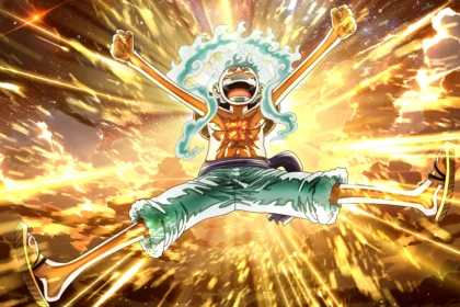 Luffy in Gear 5 form with white hair and cartoon style powers in One Piece anime