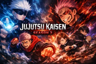 Jujutsu Kaisen Season 3 poster featuring Gojo Sukuna Yuji and Nobara anime characters