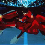 Kaneda performing iconic bike slide on red motorcycle in Neo Tokyo from Akira anime