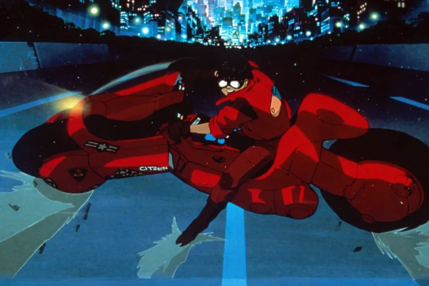Kaneda performing iconic bike slide on red motorcycle in Neo Tokyo from Akira anime