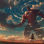 Attack on Titan scene featuring Eren Yeager and Colossal Titan in dramatic battle