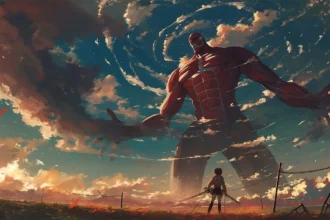 Attack on Titan scene featuring Eren Yeager and Colossal Titan in dramatic battle