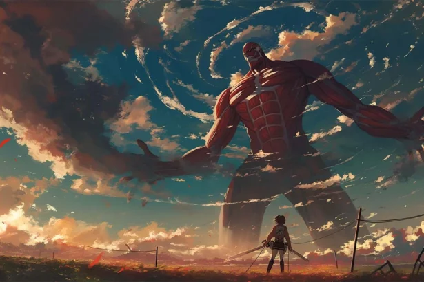 Attack on Titan scene featuring Eren Yeager and Colossal Titan in dramatic battle