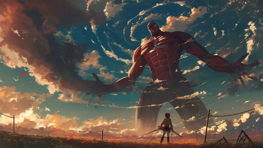 Attack on Titan scene featuring Eren Yeager and Colossal Titan in dramatic battle