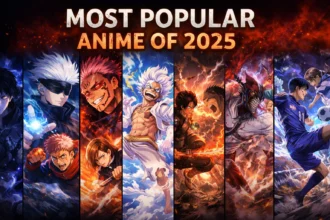 Most popular anime 2025 collage featuring Solo Leveling Jujutsu Kaisen One Piece Demon Slayer Attack on Titan Chainsaw Man Blue Lock