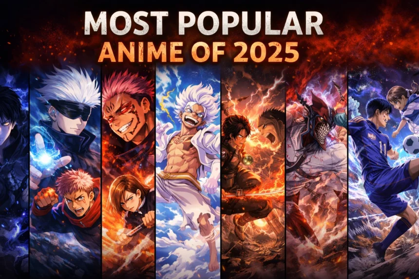 Most popular anime 2025 collage featuring Solo Leveling Jujutsu Kaisen One Piece Demon Slayer Attack on Titan Chainsaw Man Blue Lock