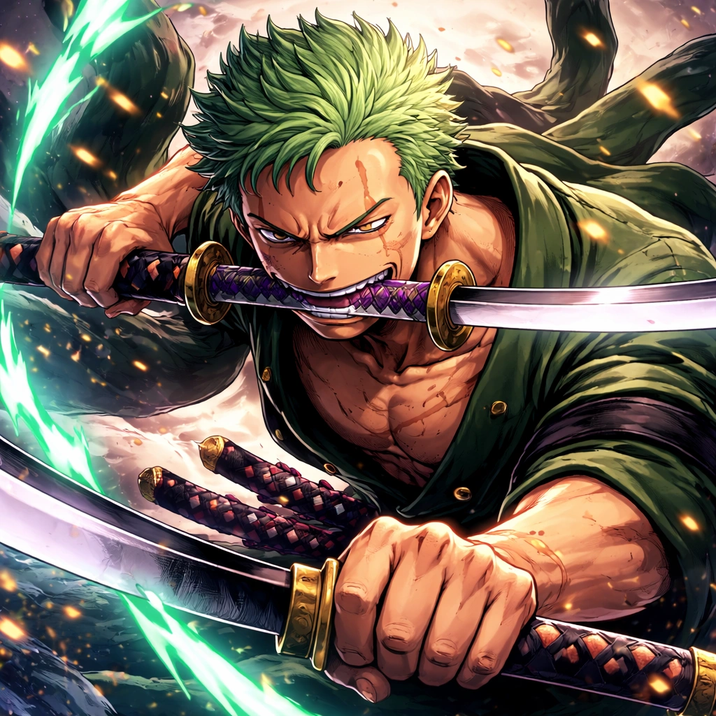 Roronoa Zoro using three sword style in One Piece