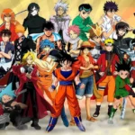 Collage of strongest anime characters including Saitama Goku Luffy Naruto Gojo Ichigo