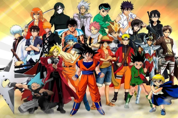 Collage of strongest anime characters including Saitama Goku Luffy Naruto Gojo Ichigo