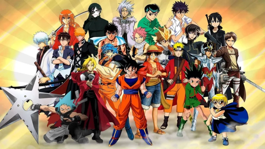 Collage of strongest anime characters including Saitama Goku Luffy Naruto Gojo Ichigo