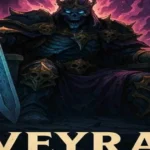 Veyra dark fantasy king with sword throne fire background