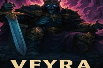 Veyra dark fantasy king with sword throne fire background