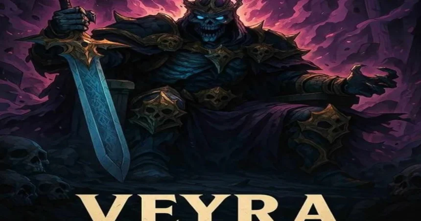 Veyra dark fantasy king with sword throne fire background