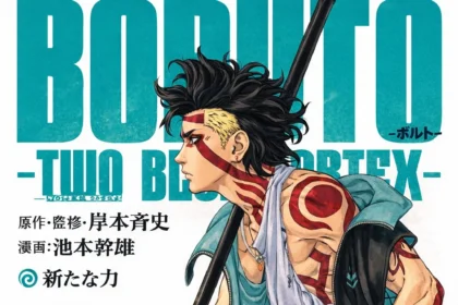 Boruto: Two Blue Vortex Chapter 34 manga cover featuring Boruto Uzumaki in an intense blue aura battle scene