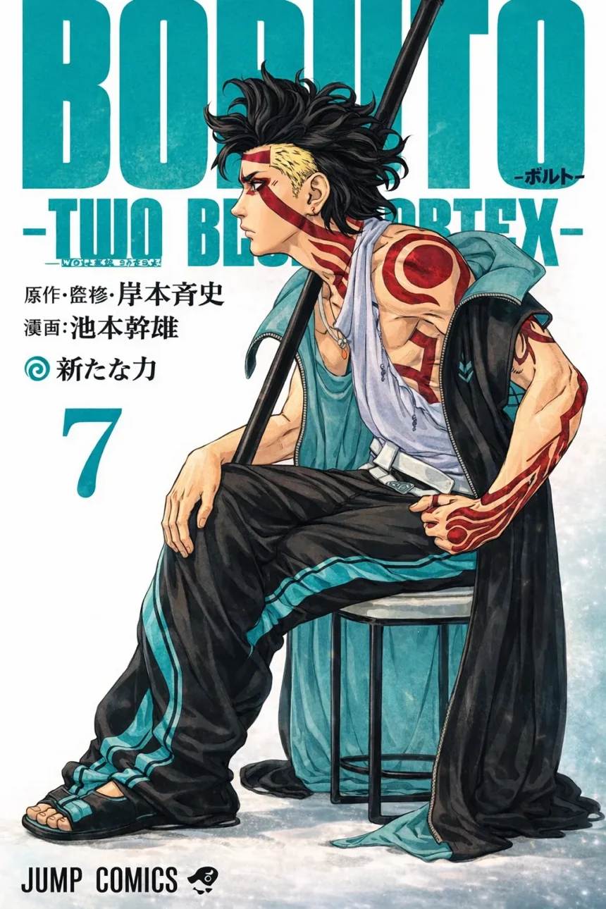 Boruto: Two Blue Vortex Chapter 34 manga cover featuring Boruto Uzumaki in an intense blue aura battle scene